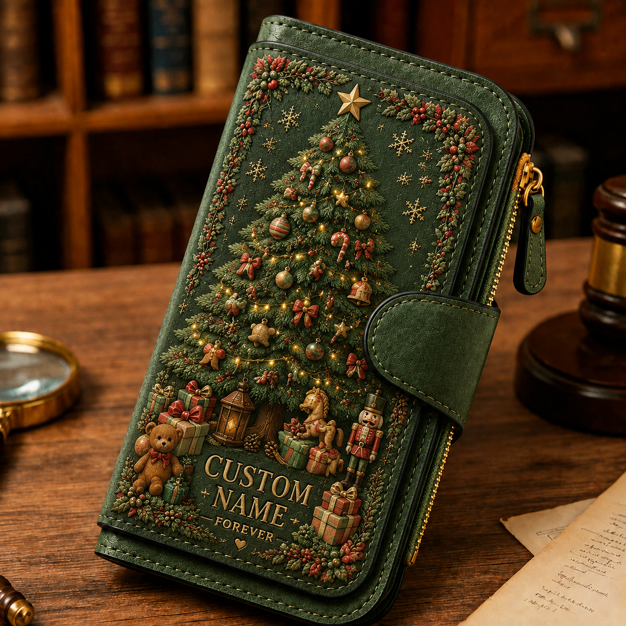 🎄Personalized Christmas Wallet 🎁 | Custom Name Vintage Faux Leather Zip Clutch Purse, 4 Styles Reindeer Snowman Santa X‑mas Tree Holiday Gift