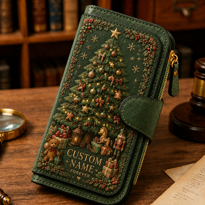 🎄Personalized Christmas Wallet 🎁 | Custom Name Vintage Faux Leather Zip Clutch Purse, 4 Styles Reindeer Snowman Santa X‑mas Tree Holiday Gift