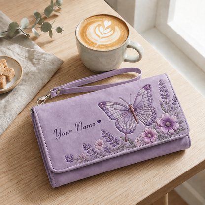 🦋Personalized Name Wallet 🎁 Custom Faux Leather Wristlet Clutch, 7 Nature Animal Floral Designs, Custom Name Print Gift for All