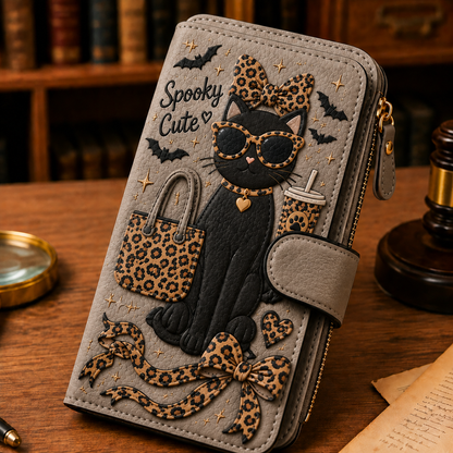👛Cute Embossed PU Leather Long Wallet 🎀 Ghost / Black Cat / Swan / Bunny 4 Styles Zipper Clutch Purse Card Holder Gift for Women