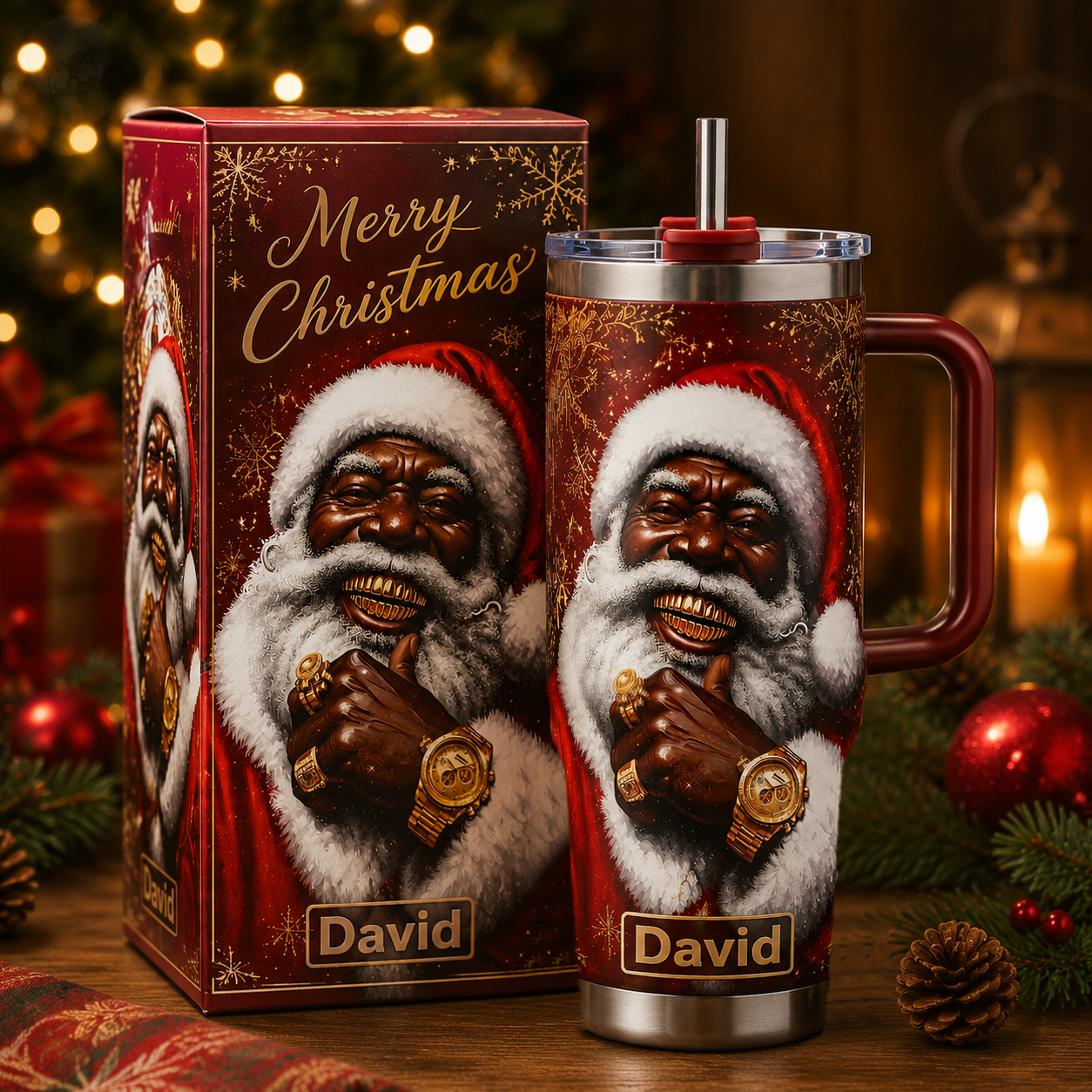 🎄 Personalized Black Santa Christmas Tumbler with Gift Box