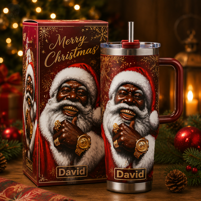 🎄 Personalized Black Santa Christmas Tumbler with Gift Box