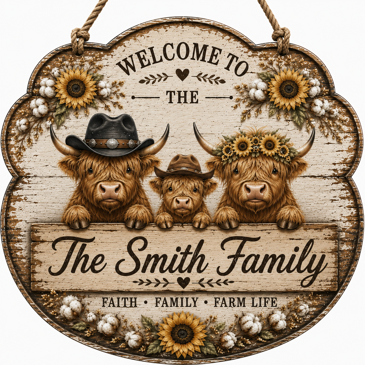 Custom Highland Cow Farm Family Welcome Sign