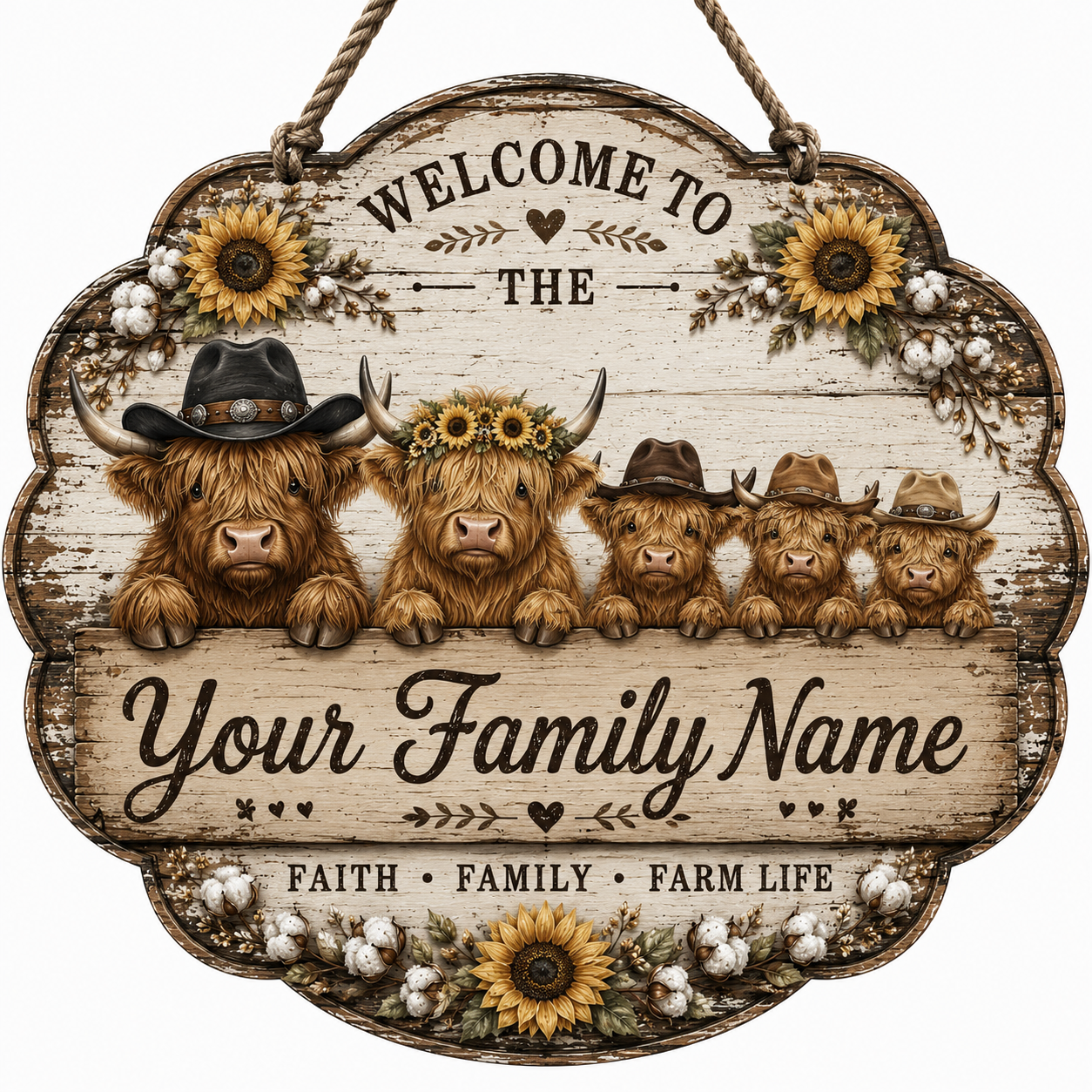 Custom Highland Cow Farm Family Welcome Sign