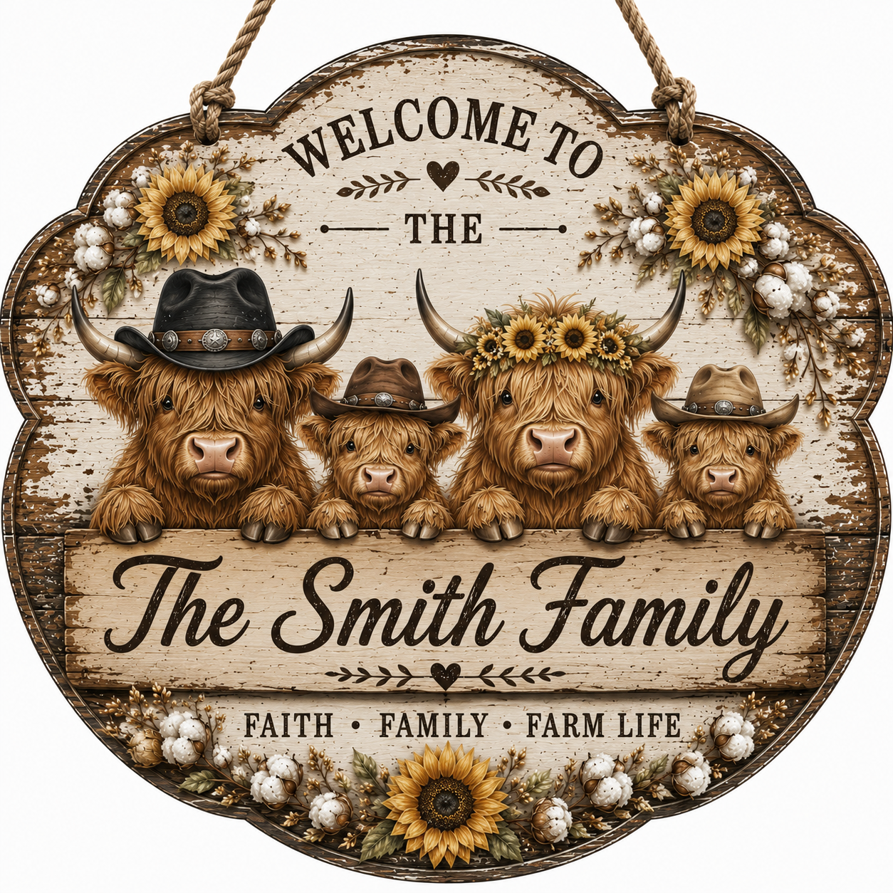 Custom Highland Cow Farm Family Welcome Sign