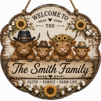 Custom Highland Cow Farm Family Welcome Sign