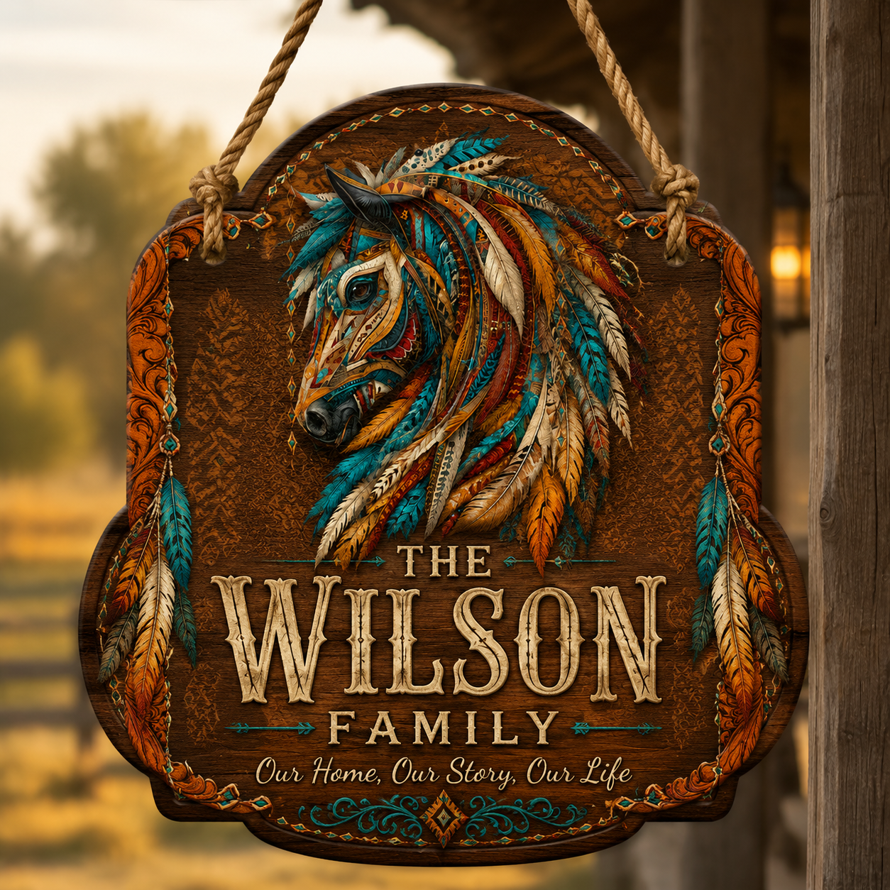 Custom Southwest Feather Horse Family Wood Sign