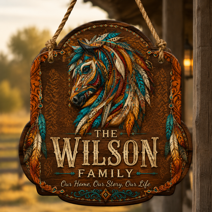 Custom Southwest Feather Horse Family Wood Sign