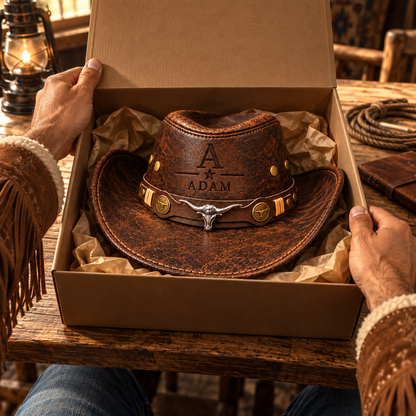 Personalized Initial Cowboy Hat – Custom Name & Western Star Engraved Leather Hat