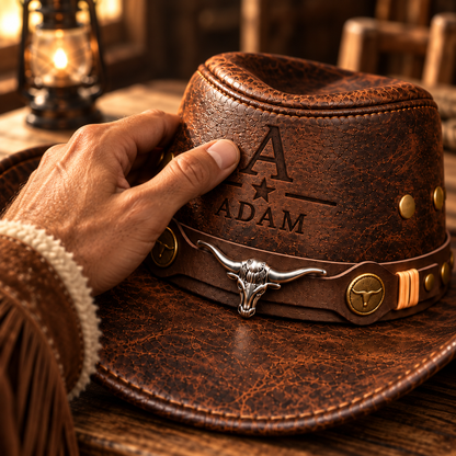 Personalized Initial Cowboy Hat – Custom Name & Western Star Engraved Leather Hat