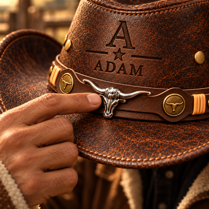 Personalized Initial Cowboy Hat – Custom Name & Western Star Engraved Leather Hat