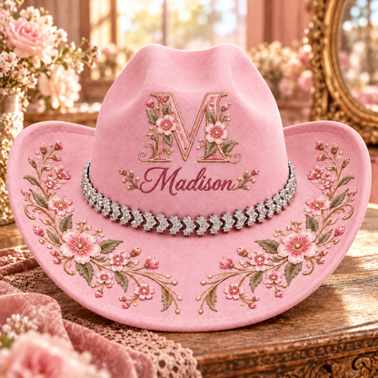 Personalized Pink Floral Cowgirl Hat – Custom Initial & Name with Sparkling Rhinestone Chain