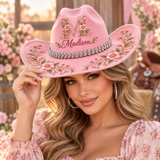 Personalized Pink Floral Cowgirl Hat – Custom Initial & Name with Sparkling Rhinestone Chain