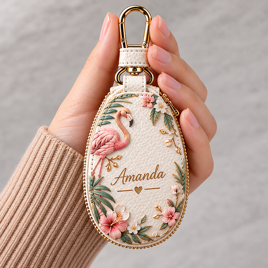 Personalized Floral Key Fob Cover – Custom Name Leather Key Holder with Nature Designs