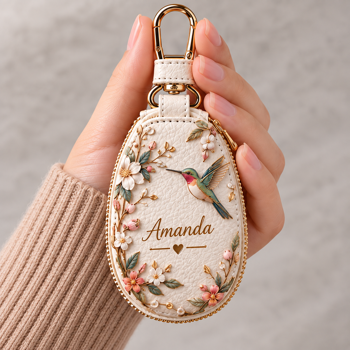 Personalized Floral Key Fob Cover – Custom Name Leather Key Holder with Nature Designs