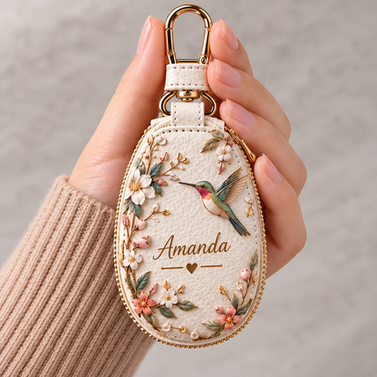 Personalized Floral Key Fob Cover – Custom Name Leather Key Holder with Nature Designs