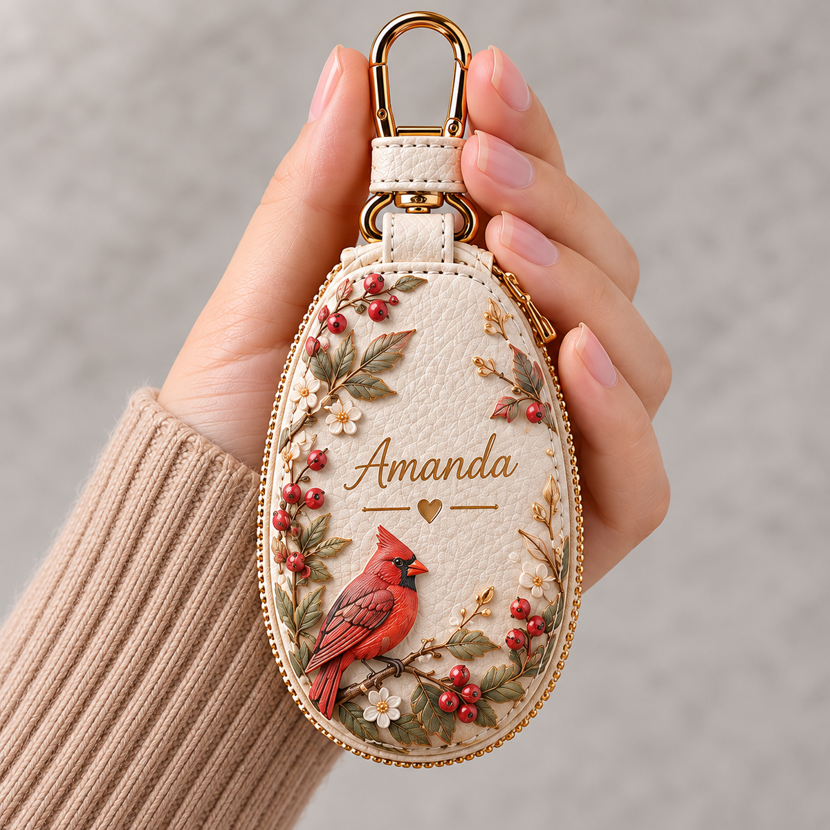 Personalized Floral Key Fob Cover – Custom Name Leather Key Holder with Nature Designs