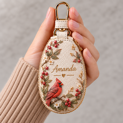 Personalized Floral Key Fob Cover – Custom Name Leather Key Holder with Nature Designs