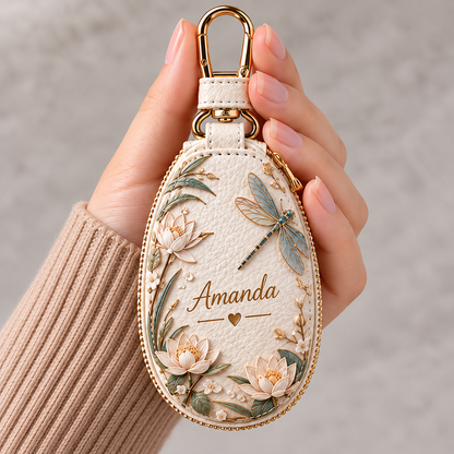 Personalized Floral Key Fob Cover – Custom Name Leather Key Holder with Nature Designs