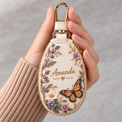 Personalized Floral Key Fob Cover – Custom Name Leather Key Holder with Nature Designs