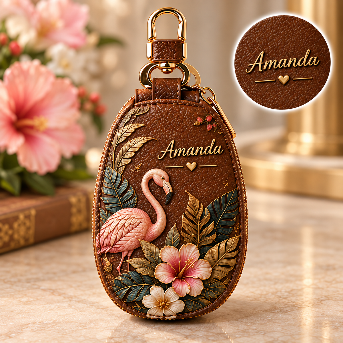 Personalized Brown Floral Key Fob Cover – Custom Name Leather Key Case