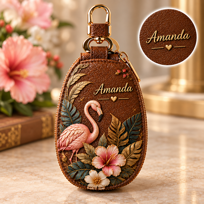 Personalized Brown Floral Key Fob Cover – Custom Name Leather Key Case