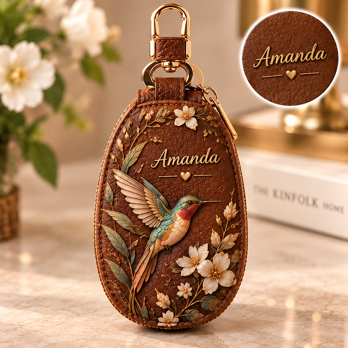 Personalized Brown Floral Key Fob Cover – Custom Name Leather Key Case