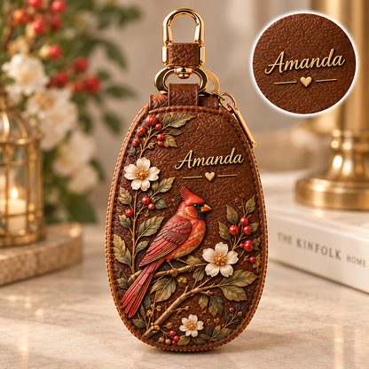 Personalized Brown Floral Key Fob Cover – Custom Name Leather Key Case