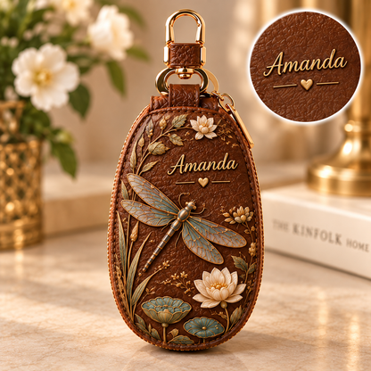 Personalized Brown Floral Key Fob Cover – Custom Name Leather Key Case