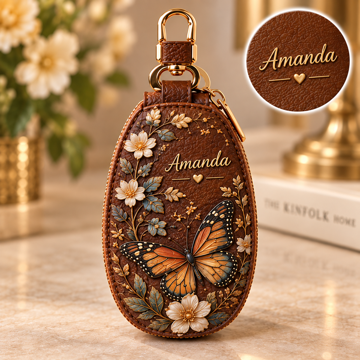 Personalized Brown Floral Key Fob Cover – Custom Name Leather Key Case