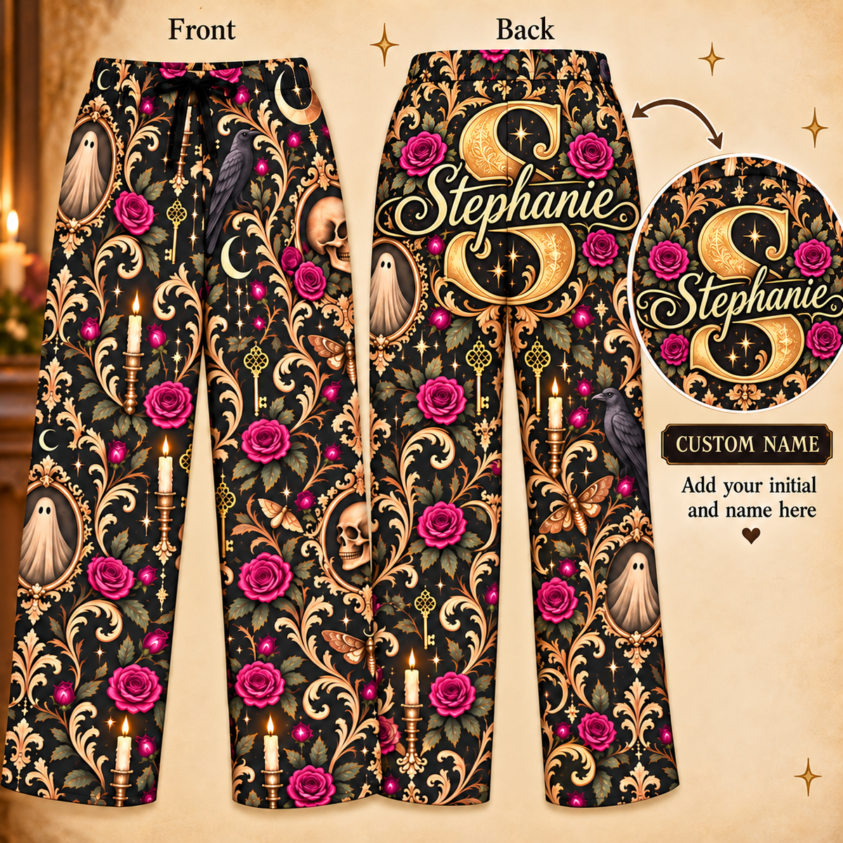 Personalized Haunted Damask Pajama Pants– Custom Initial & Name Gothic Halloween Lounge Pants