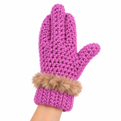 Funny Middle Finger Crochet Mittens – Cozy Faux Fur Cuff Winter Gloves