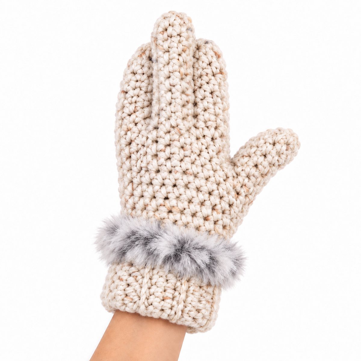 Funny Middle Finger Crochet Mittens – Cozy Faux Fur Cuff Winter Gloves
