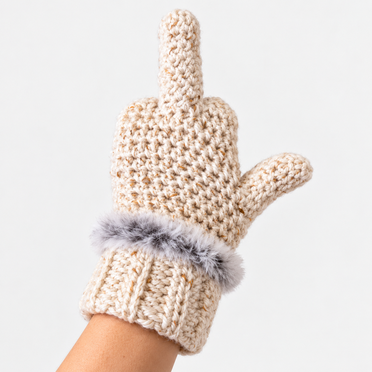 Funny Middle Finger Crochet Mittens – Cozy Faux Fur Cuff Winter Gloves