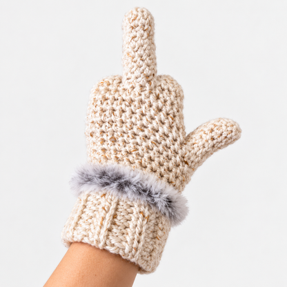 Funny Middle Finger Crochet Mittens – Cozy Faux Fur Cuff Winter Gloves