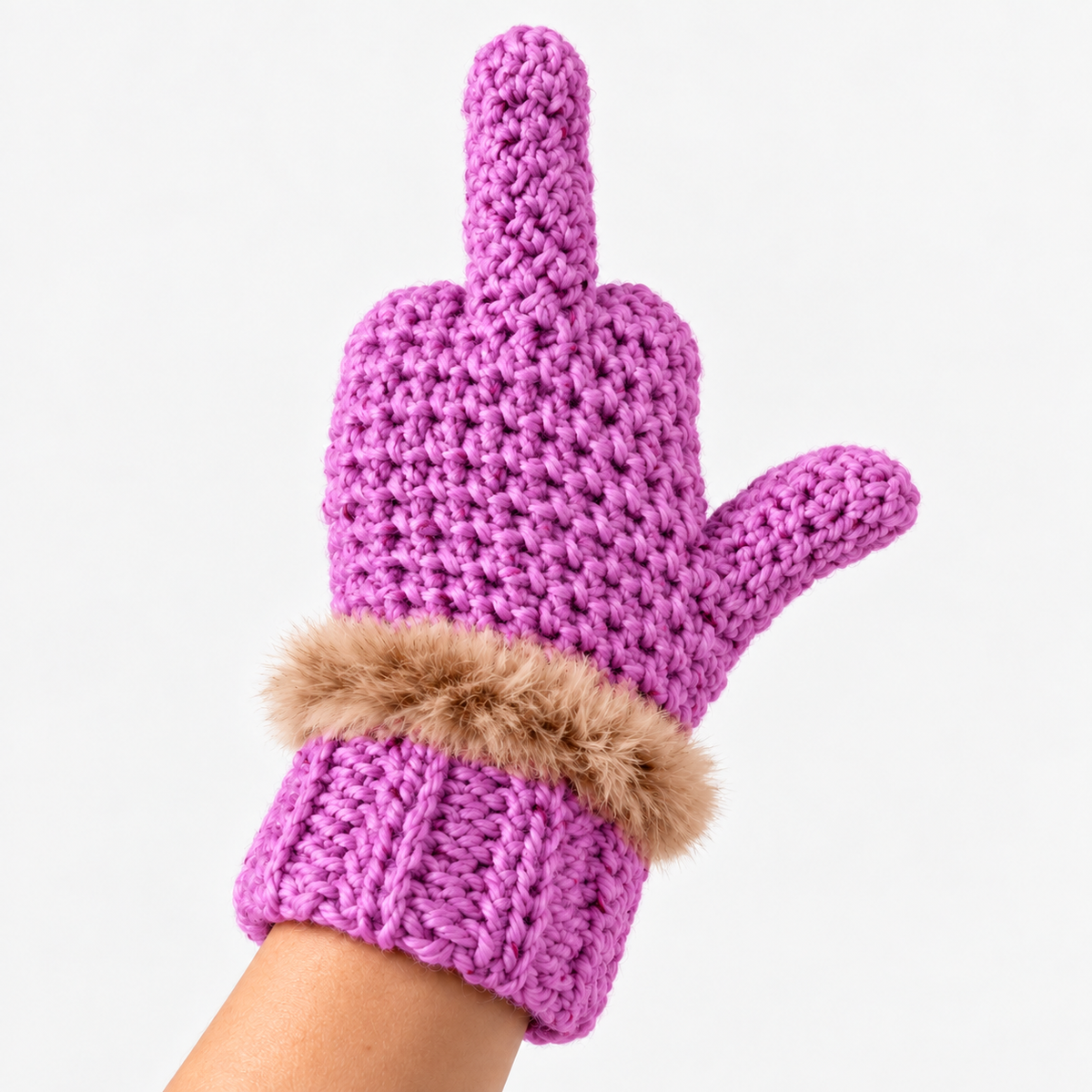 Funny Middle Finger Crochet Mittens – Cozy Faux Fur Cuff Winter Gloves