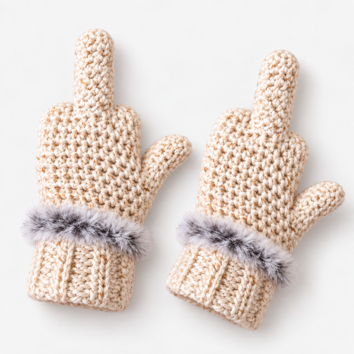 Funny Middle Finger Crochet Mittens – Cozy Faux Fur Cuff Winter Gloves