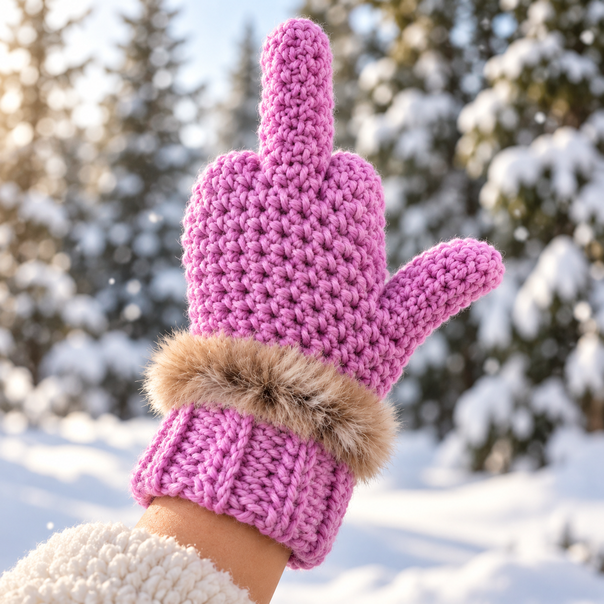 Funny Middle Finger Crochet Mittens – Cozy Faux Fur Cuff Winter Gloves