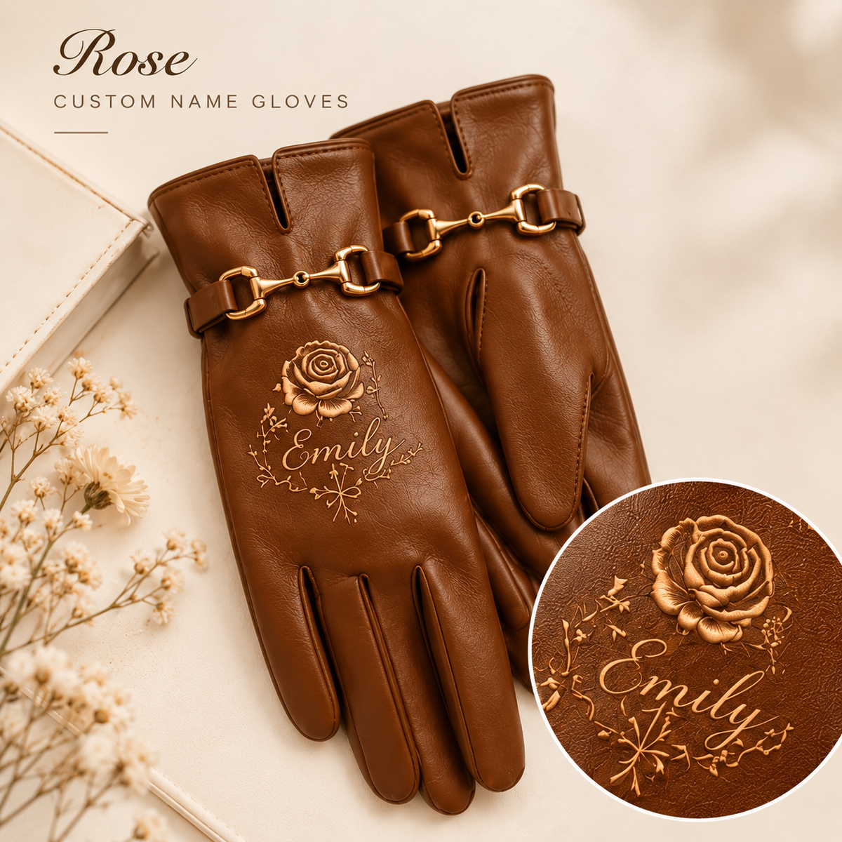 Personalized Floral Leather Gloves – Custom Name Rose, Daisy, Tulip & Wildflower Winter Gloves