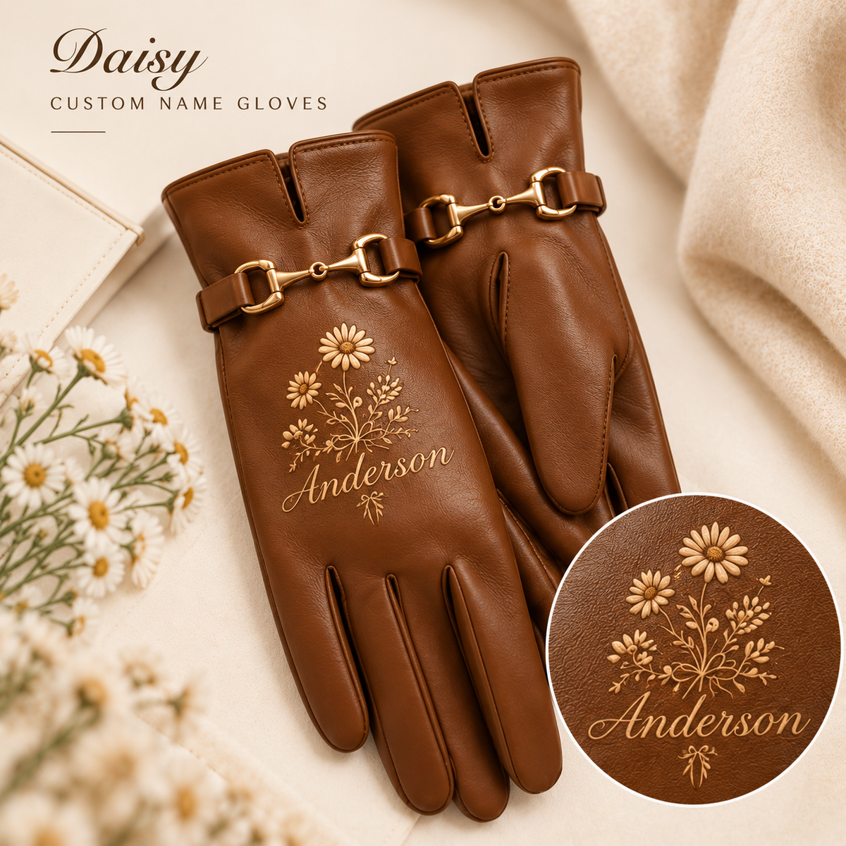 Personalized Floral Leather Gloves – Custom Name Rose, Daisy, Tulip & Wildflower Winter Gloves