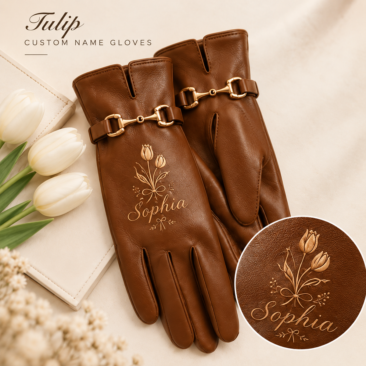 Personalized Floral Leather Gloves – Custom Name Rose, Daisy, Tulip & Wildflower Winter Gloves