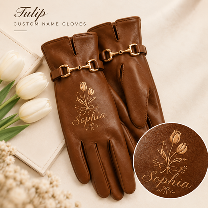 Personalized Floral Leather Gloves – Custom Name Rose, Daisy, Tulip & Wildflower Winter Gloves