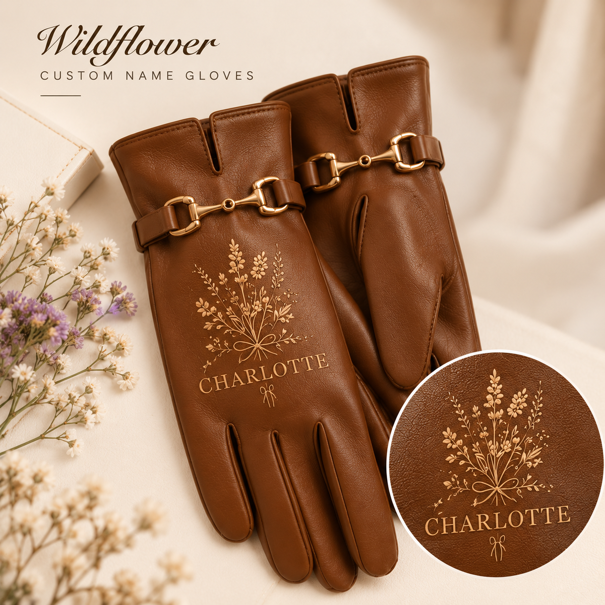 Personalized Floral Leather Gloves – Custom Name Rose, Daisy, Tulip & Wildflower Winter Gloves
