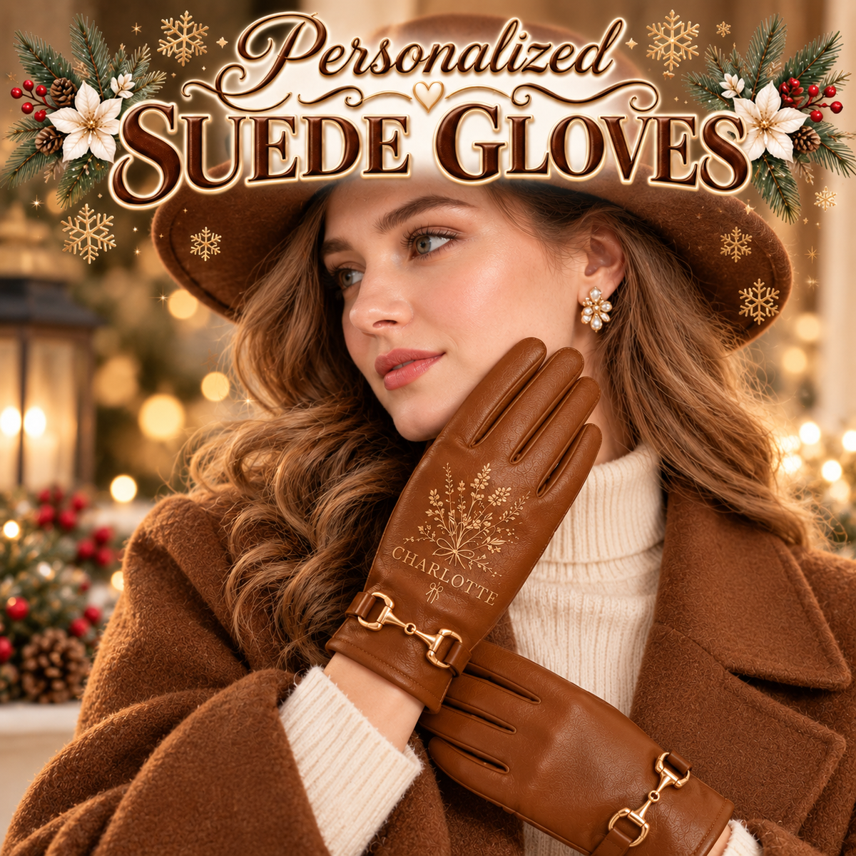 Personalized Floral Leather Gloves – Custom Name Rose, Daisy, Tulip & Wildflower Winter Gloves