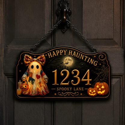 Patchwork Ghost Halloween Custom House Number Sign