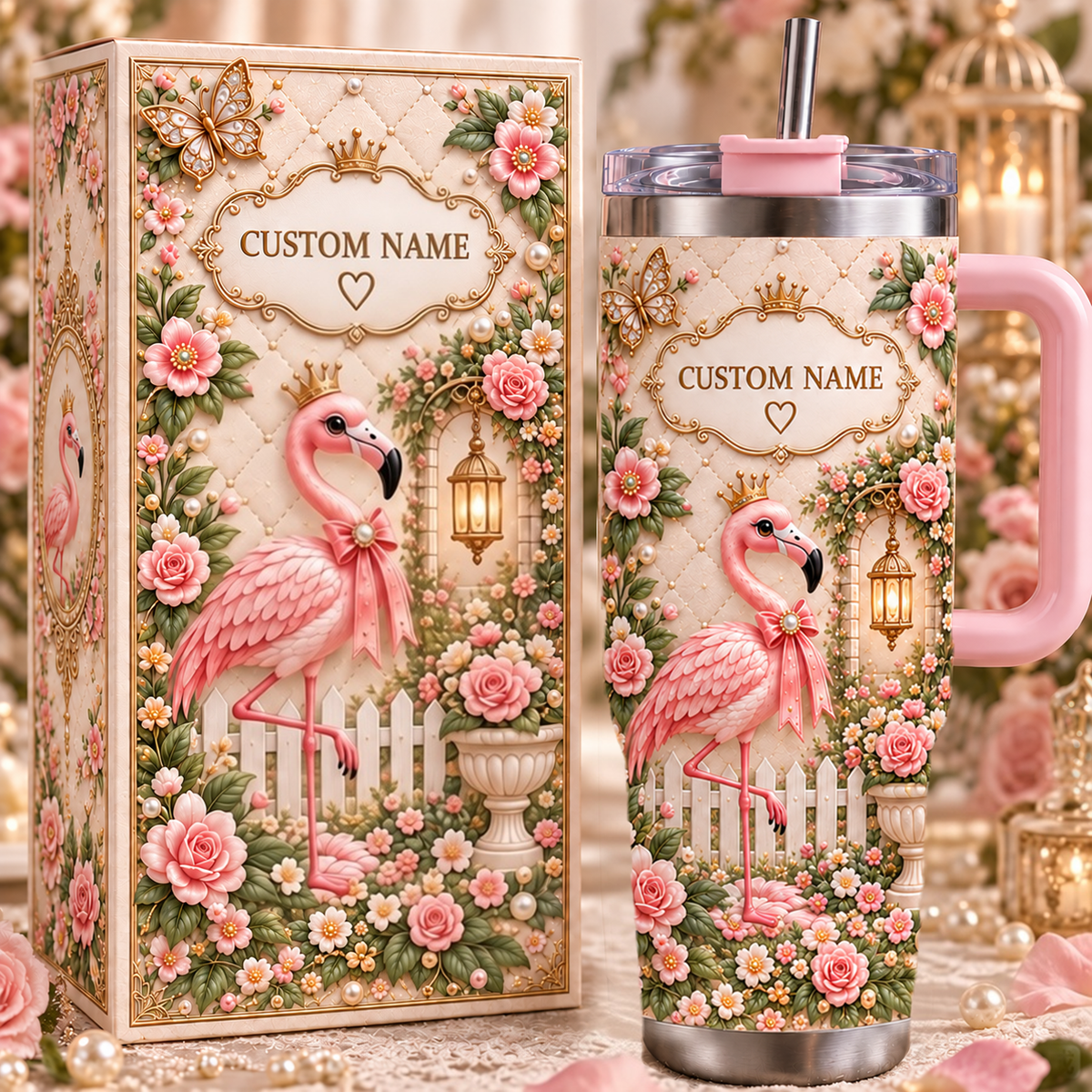 Personalized Flamingo Garden Tumbler with Custom Name – Floral Stainless Steel Cup with Handle & Straw