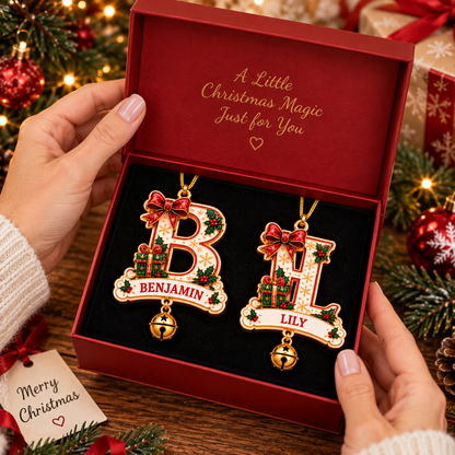 🎄 Personalized Christmas Initial Ornament with Name – Festive Bow & Gift Design