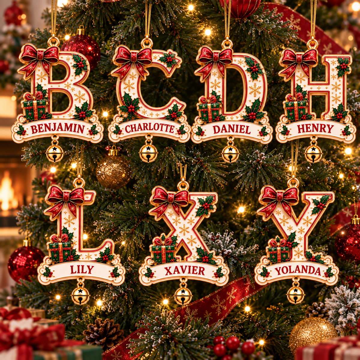 🎄 Personalized Christmas Initial Ornament with Name – Festive Bow & Gift Design