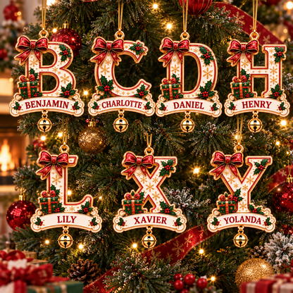 🎄 Personalized Christmas Initial Ornament with Name – Festive Bow & Gift Design