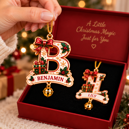 🎄 Personalized Christmas Initial Ornament with Name – Festive Bow & Gift Design